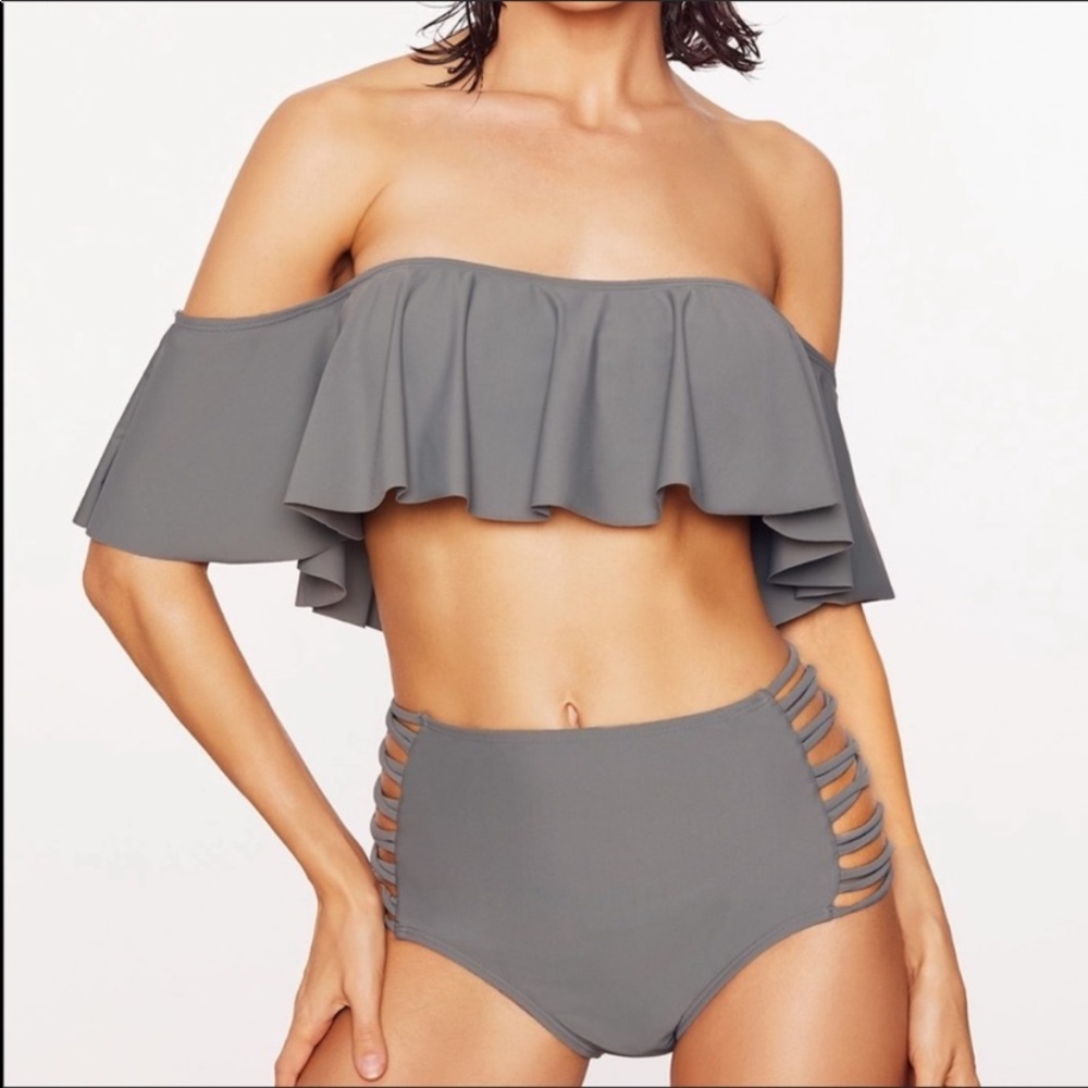 Gray Bandeau, High-Waisted Bikini SMALL - Picture 2 of 7